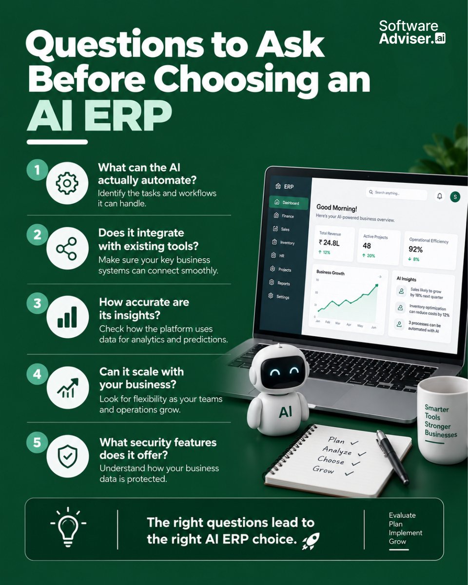 SoftAdviserAI's tweet photo. Choosing an AI ERP? 🤖📊
Check automation, integrations, scalability &amp; security first.
Ask smart. Choose right.

Best AI ERP Software in USA (2026) – Compare Top Tools &amp; Pricing

#AIERP #ERPSoftware #BusinessTechnology #AI #SoftwareAdvise https://t.co/xDzhsqbzt6