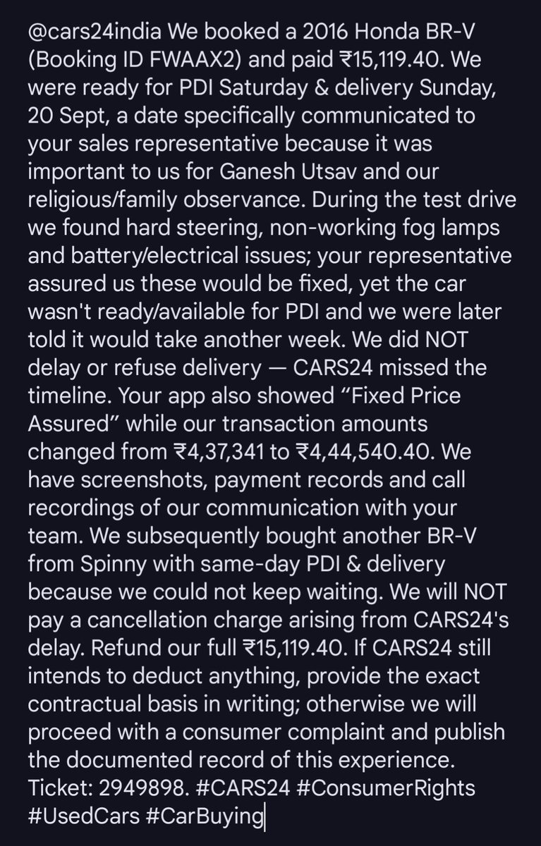 Sbkhpfw's tweet photo. @cars24india Your own email confirms the token was cancelled by YOUR team after the 20 Sept delivery failed. Yet ₹5,000 was deducted from my ₹15,119.40. I was ready for PDI &amp; delivery. Refund the full ₹15,119.40. #CARS24 #ConsumerRights #scam
Booking: FWAAX2 | Ticket: 2949898 https://t.co/SgHU3xj7kR