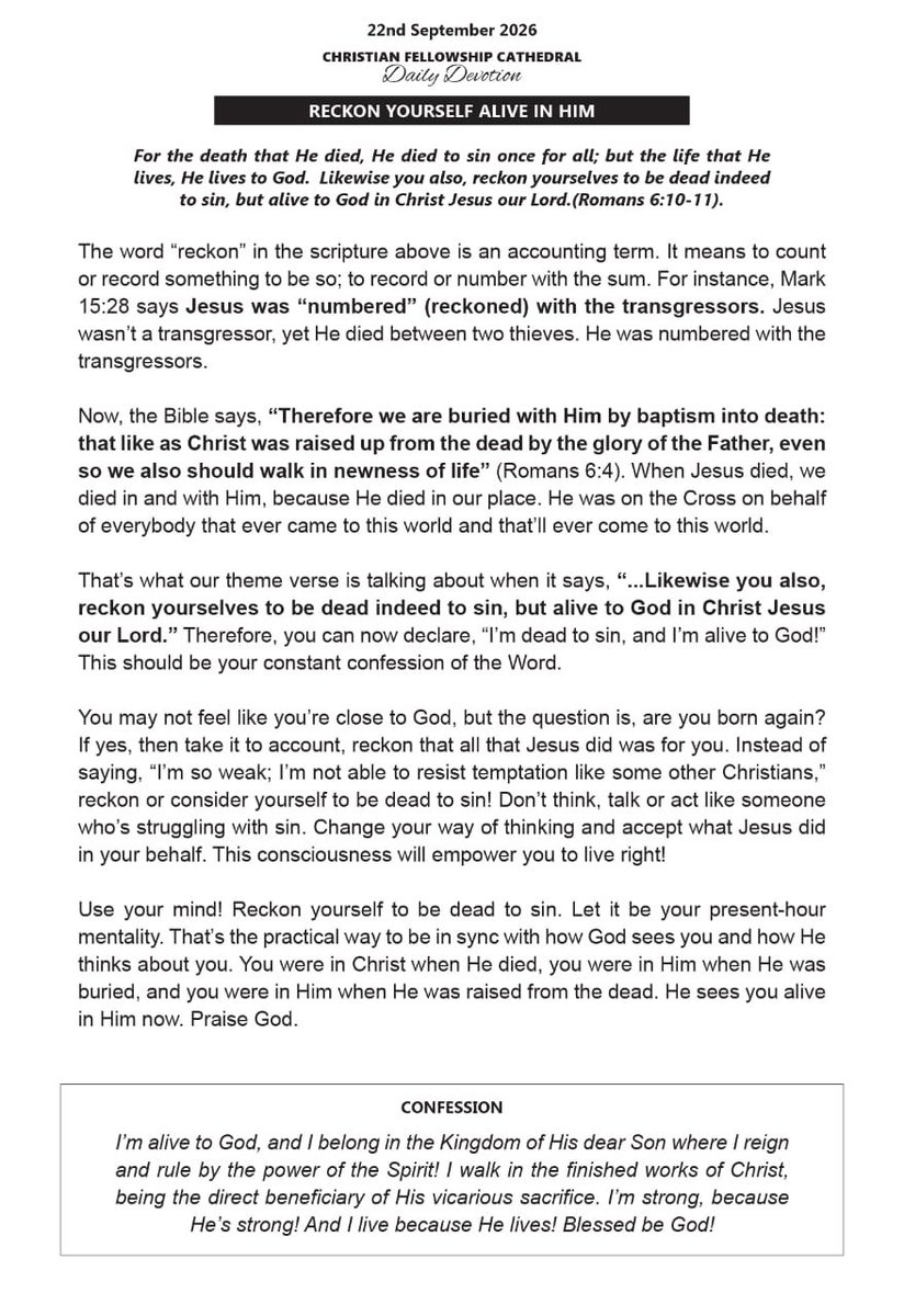 CFCFORTPORTAL's tweet photo. Christian Fellowship Cathedral (CFC)
Fort Portal
Daily Devotion (22nd September 2026)
Reckon Yourself Alive In Him
#CFCDailyDevotion
#TheGospelOfTheKingdom
#2026_JesusOurWisdom https://t.co/YEBwYIeu1G