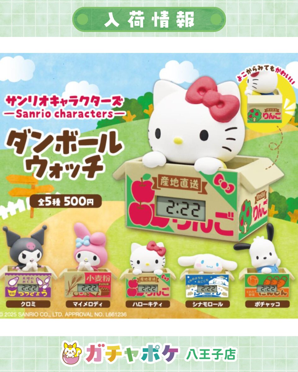 Gachapocket_'s tweet photo. 🌈✨入荷情報✨🌈
📢 9月22日(火)入荷商品はこちら👇💖

✅サンリオキャラクターズ　 ダンボールウォッチ
━━━━━━━━━━━━━━━
⚠️人気商品は早期完売の可能性がございます。
完売情報はストーリーでお知らせしますがタイムラグがございます。🙇‍♀️
予めご了承ください。
━━━━━━━━━━━━━━━

入荷・完売情報、ご不明点はお気軽にスタッフまでお問い合わせください☺️
みなさまのご来店お待ちしております💛

#ガチャポケ
#八王子
#カプセルトイ
#ガチャガチャ