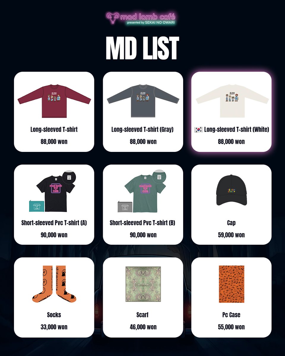 Fanding_Store's tweet photo. 【🛍️】 mad lamb café presented by SEKAI NO OWARI in Seoul

FULL MD OPEN❗️
한국에서만 만날 수 있는 특별한 MD도 준비되어 있으니 많은 기대 부탁드립니다 ✨

* 한정수량으로 조기 품절될 수 있습니다.

┈┈
🗓️ 2026.10.09 (FRI) - 2026.10.11 (SUN)

📍 팬베이스 홍대점
(서울특별시 마포구 양화로 178-5 LC타워 별관 지하 2층)

하이피어 계정(https://t.co/tV01TdNJmA) 팔로우 하시고
다음 공지를 기다려 주세요 👋

#mad_lamb_cafe
#SEKAINOOWARI #세카이노오와리
#COMING_SOON