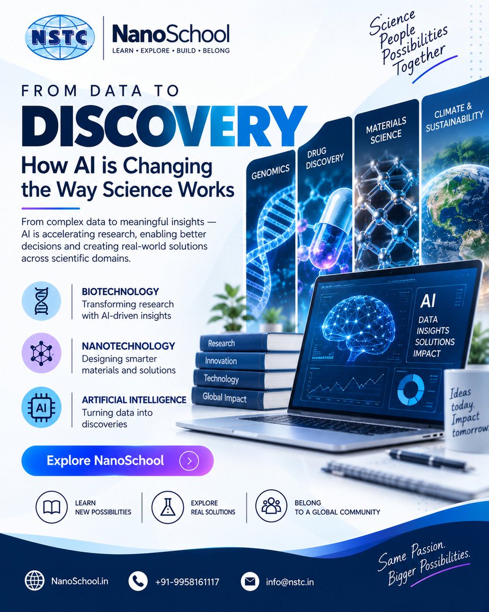 NSTC_2005's tweet photo. From Data to Discovery
AI is transforming how researchers analyze data and uncover scientific insights across Biotechnology, Nanotechnology &amp; emerging research
Explore science differently with NanoSchool.
🌐 https://t.co/0xUVrTrahQ
#AIForScience #NanoSchool #Research #Innovation https://t.co/mze0CMcFtj