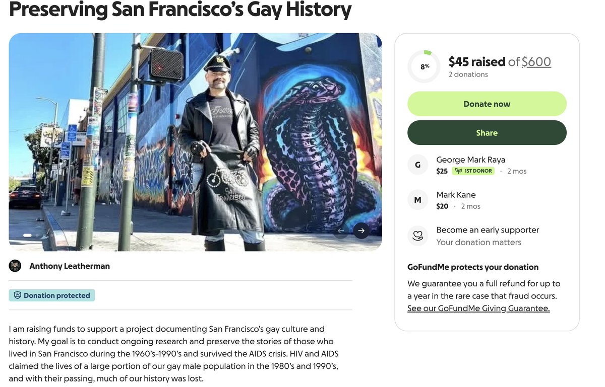 FundMyFraud's tweet photo. It's a funny thing to want to preserve something that had no sense of self-preservation. If you've read anything about San Francisco in the 80's, it was a time and place of reckless abandon and Biblical wickedness. 

The AIDS crisis was largely driven by men who totally flouted the warnings of the CDC and WHO that were trying to get them to cut back from over 1000 partners a year and who were behaving so disgustingly that it defies belief. Wanting to "preserve" that "history" isn't worth $45.