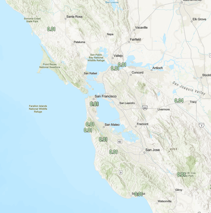 NWSBayArea's tweet photo. 🌧️It's been a drizzlefest along the coast today... lingering clouds in a deep marine layer have allowed some drizzle to develop across the coastal regions and there have even been some bucket tips in favored locations. Stations shown reported rain over the last 12 hours. #CAwx https://t.co/j7MmRj3aJz