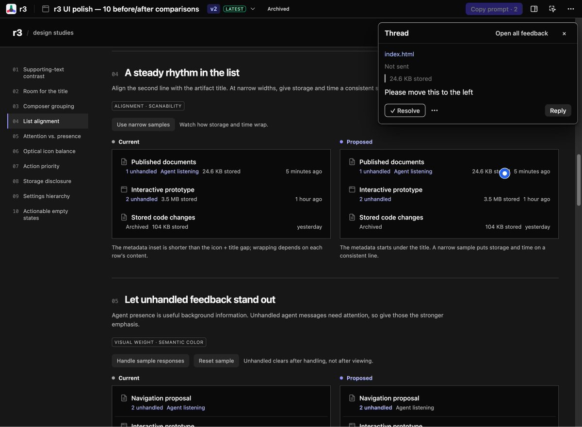 rickye26's tweet photo. r3: like Claude Artifacts, for any agent. Open source. Runs fully locally.

You can:
- 🎨 Compare UI designs and pin feedback to HTML elements
- 📄 Review richly formatted design docs
- 🧪 Learn how things work via interactive demos

https://t.co/XaQSthHpwb
#AIAgents #codex https://t.co/xcPltNfWba