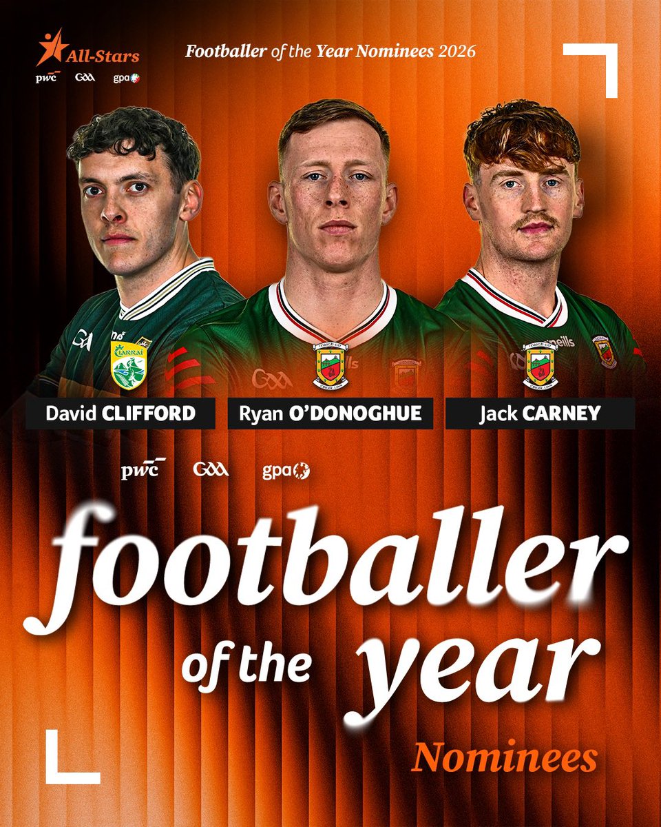 officialgaa's tweet photo. The 2026 @PwCIreland GAA GPA Football All-Star nominations are in…🥁

12 counties are represented, with @MayoGAA leading the way with 11 nominees!

Full list 👇 https://t.co/j71BtMltly