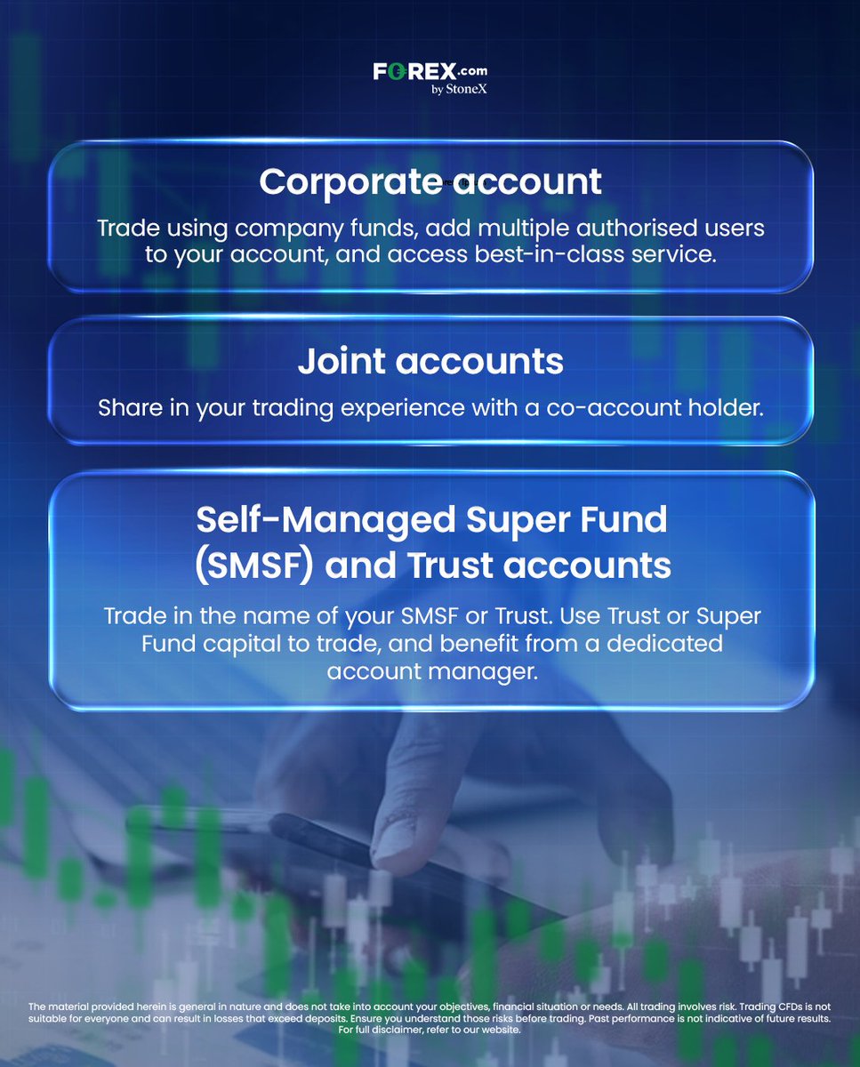 FOREXcomAus's tweet photo. Your strategy. Your account type.

From individual CFD traders seeking advanced tools to multi-user corporate accounts, discover the account type that fits how you trade. Swipe to see where your strategy fits best.

It’s your world. Trade with https://t.co/5Y92zZyadQ.

All trading involves risk. Ensure you understand those risks before trading.