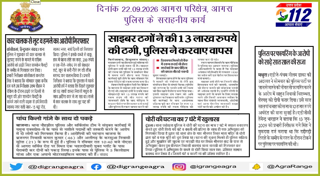 digrangeagra's tweet photo. "दैनिक समाचार पत्रों में प्रकाशित प्रमुख खबरें"
#GoodWorkUPP
#UPPInNews
#agrazonepolice
@Uppolice
@mathurapolice
@firozabadpolice
@mainpuripolice https://t.co/HFsTt8Py6u