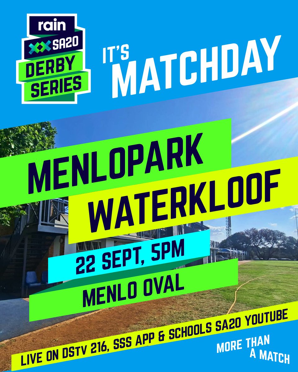 Schools_SA20's tweet photo. ππππ πππ π¨
π Menlopark vs Waterkloof
π Menlo Oval
π Tuesday, 22 September
β 17:00
πΊ Live on DStv 216, SuperSport Schools App & Schools SA20 YouTube channel
#rainSA20DerbySeries #MoreThanAMatch https://t.co/etIGMutmz8