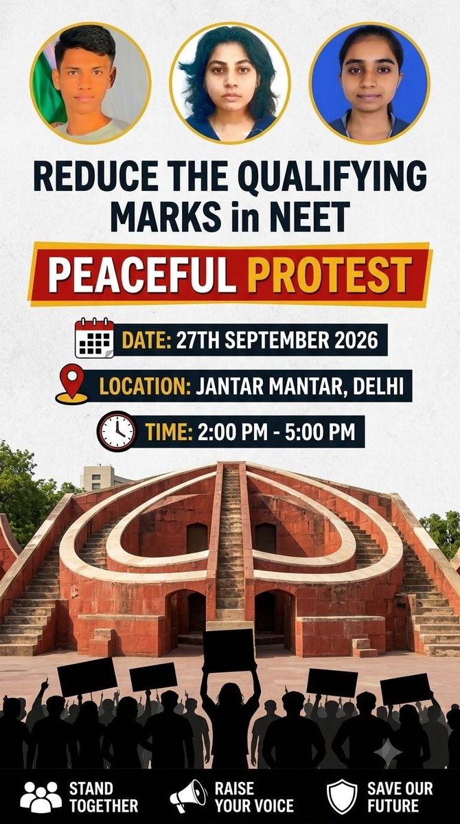 against_nta's tweet photo. Join us for PEACEFUL PROTEST on 27 September at Jantar Mantar, Delhi from 2-5pm DEMANDING to reduce qualifying cutoff of neet UG 2026
@NTA_Exams @JPNadda @JoshiPralhad @narendramodi @RahulGandhi @BJP4India @Cockroachisback
@CJP_for_India
 #reduceneetqualifycutoff https://t.co/G8Neq0nCyp
