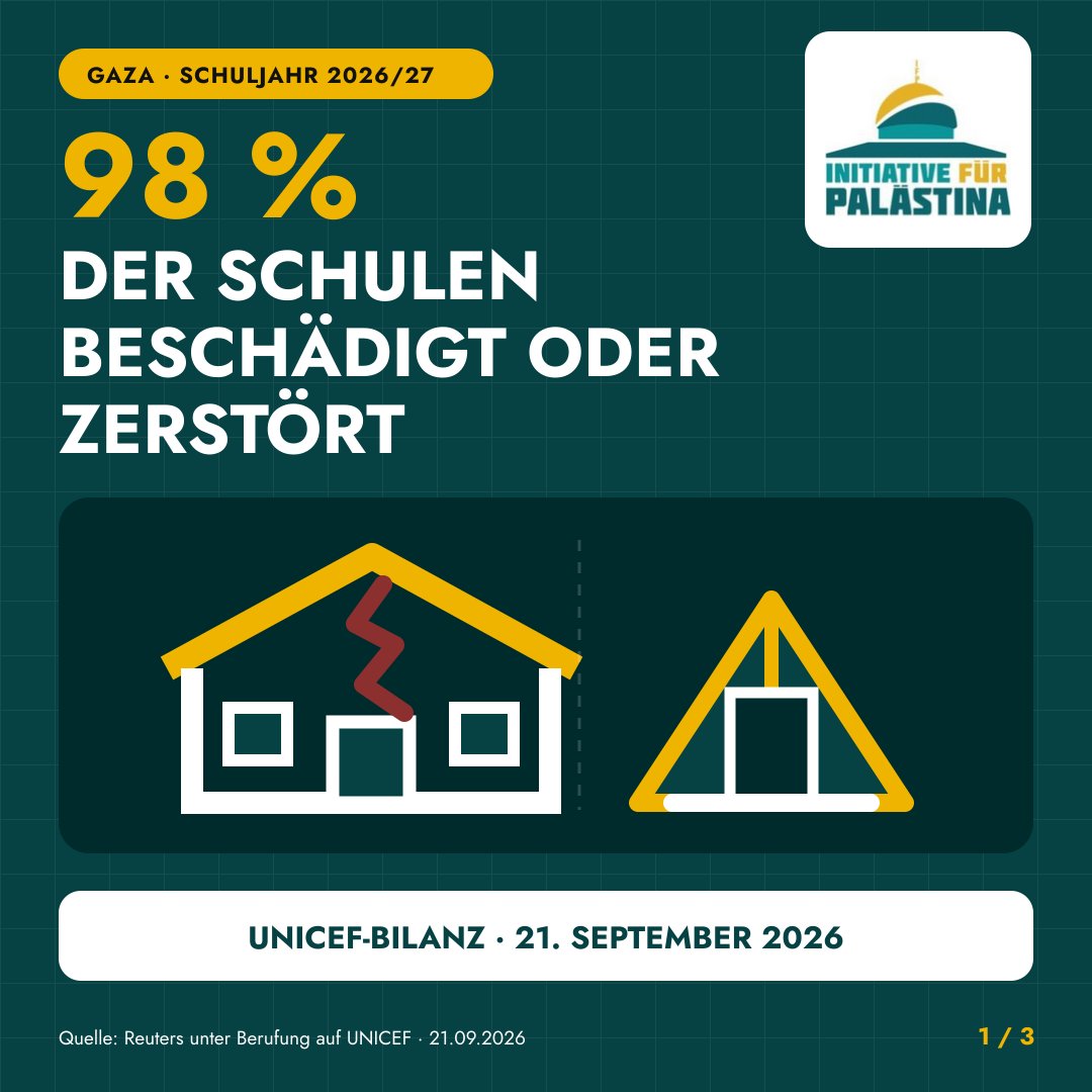 Initiative4p's tweet photo. 98 PROZENT DER SCHULEN BESCHÄDIGT ODER ZERSTÖRT.

Erstmals seit fast drei Jahren kehren Hunderttausende Schüler in Gaza in den Präsenzunterricht zurück.

540.000 sollen vor Ort lernen.
660.000 waren vom regelmäßigen Unterricht abgeschnitten.

98 Prozent der Schulen sind beschädigt oder zerstört.

„Schule“ bedeutet jetzt vielerorts:
Ein Zelt aus Planen und Wellblech.
Einige Matratzen.
Eine Tafel.
Kaum bezahlbare Hefte und Stifte.
Das ist keine wiederhergestellte Normalität.

Es ist Bildung inmitten ihrer nahezu vollständigen materiellen Zerstörung.
Die bewundernswerte Nachricht lautet:
Hunderttausende lernen weiter.
Die beschämende Nachricht lautet:
Die Welt erwartet dafür offenbar, dass ein Zelt als Klassenzimmer genügt.
Ein Zelt beweist palästinensische Entschlossenheit.

Es ersetzt keine Schule – und keine politische Konsequenz.