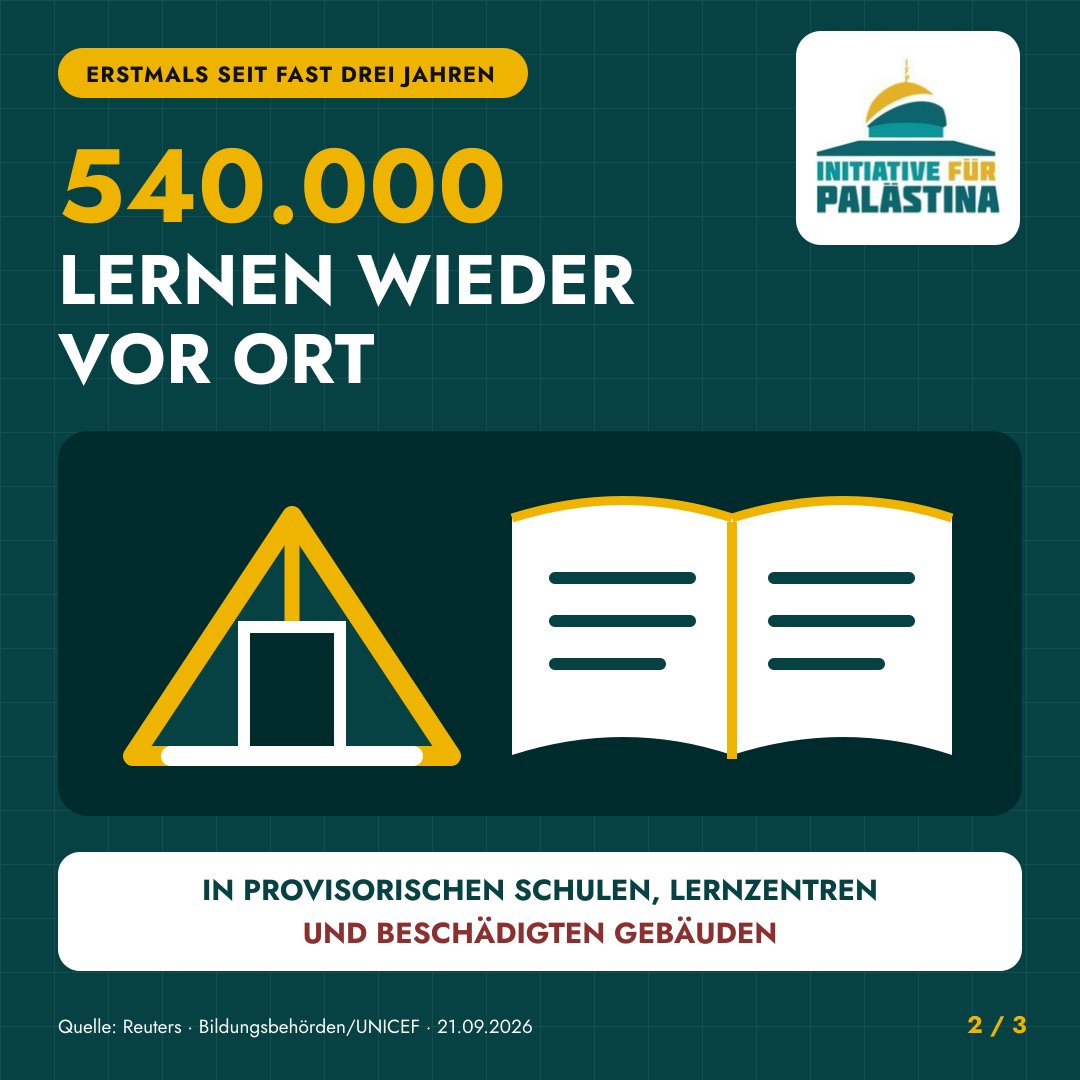 Initiative4p's tweet photo. 98 PROZENT DER SCHULEN BESCHÄDIGT ODER ZERSTÖRT.

Erstmals seit fast drei Jahren kehren Hunderttausende Schüler in Gaza in den Präsenzunterricht zurück.

540.000 sollen vor Ort lernen.
660.000 waren vom regelmäßigen Unterricht abgeschnitten.

98 Prozent der Schulen sind beschädigt oder zerstört.

„Schule“ bedeutet jetzt vielerorts:
Ein Zelt aus Planen und Wellblech.
Einige Matratzen.
Eine Tafel.
Kaum bezahlbare Hefte und Stifte.
Das ist keine wiederhergestellte Normalität.

Es ist Bildung inmitten ihrer nahezu vollständigen materiellen Zerstörung.
Die bewundernswerte Nachricht lautet:
Hunderttausende lernen weiter.
Die beschämende Nachricht lautet:
Die Welt erwartet dafür offenbar, dass ein Zelt als Klassenzimmer genügt.
Ein Zelt beweist palästinensische Entschlossenheit.

Es ersetzt keine Schule – und keine politische Konsequenz.