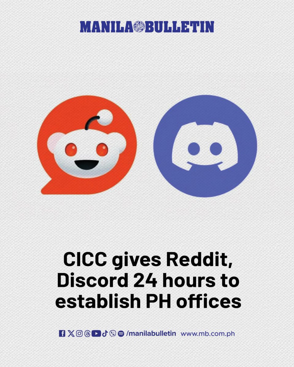 manilabulletin's tweet photo. Reddit and Discord must establish their respective offices in the Philippines within 24 hours, the Cybercrime Investigation and Coordinating Center (CICC) said on Tuesday, Sept. 22.

READ: https://t.co/5rX8c4sRlE https://t.co/CyNkjqnQkN