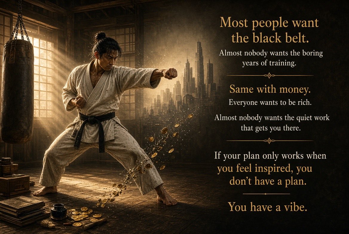 VRevtiuk's tweet photo. Most people want the black belt.
Almost nobody wants the boring years of training.

Same with money.
Everyone wants to be rich.
Almost nobody wants the quiet work that gets you there.

If your plan only works when you feel inspired,
you don’t have a plan.
You have a vibe. https://t.co/1YMJfyfyVg