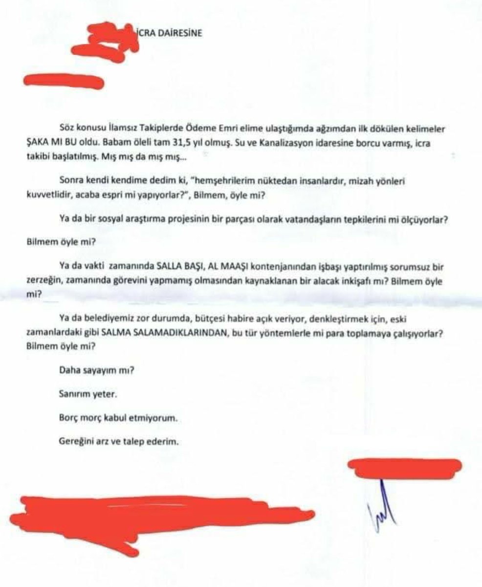 bayrakmedya's tweet photo. Bugüne kadar gördüğünüz bütün borca itirazları unutun:

"Borç morç kabul etmiyorum. Gereğini arz ve talep ederim." https://t.co/sEvuccupZh