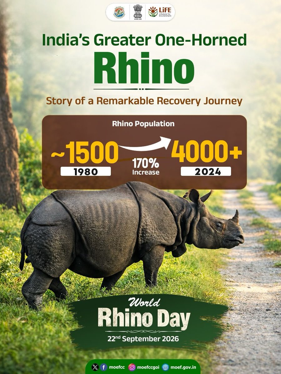 moefcc's tweet photo. A conservation success story is never just about a number. It is about years of protection, scientific understanding and people standing together for a species.

On #WorldRhinoDay2026, we celebrate India’s journey with the Greater One-Horned Rhino- and the collective effort that made this recovery possible.