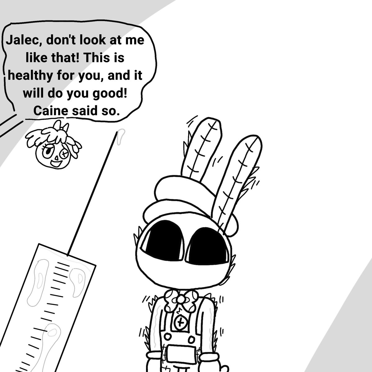 helmetRabbit's tweet photo. Fun fact about Jalec: he hates getting vaccines or injections, he's terrified of them, and catching him is always an unbearable hunt! 🤣

#TheAmazingDigitalCircus #tadcoc #JalecSuperShowAU https://t.co/Ox4HVTjlU8