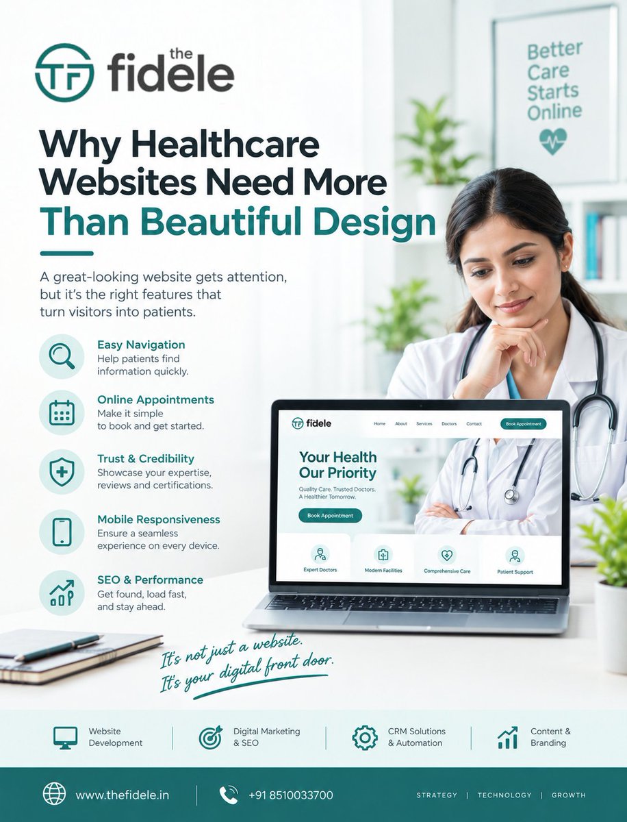 FideleDigital's tweet photo. 🏥 A healthcare website needs more than beautiful design.

Your website isn't just a brochure.
It's your digital front door.

#HealthcareMarketing #HealthcareWebsite #HealthcareSEO #DoctorMarketing #WebsiteDevelopment #PatientExperience #TheFidele https://t.co/fiEUFPErO3