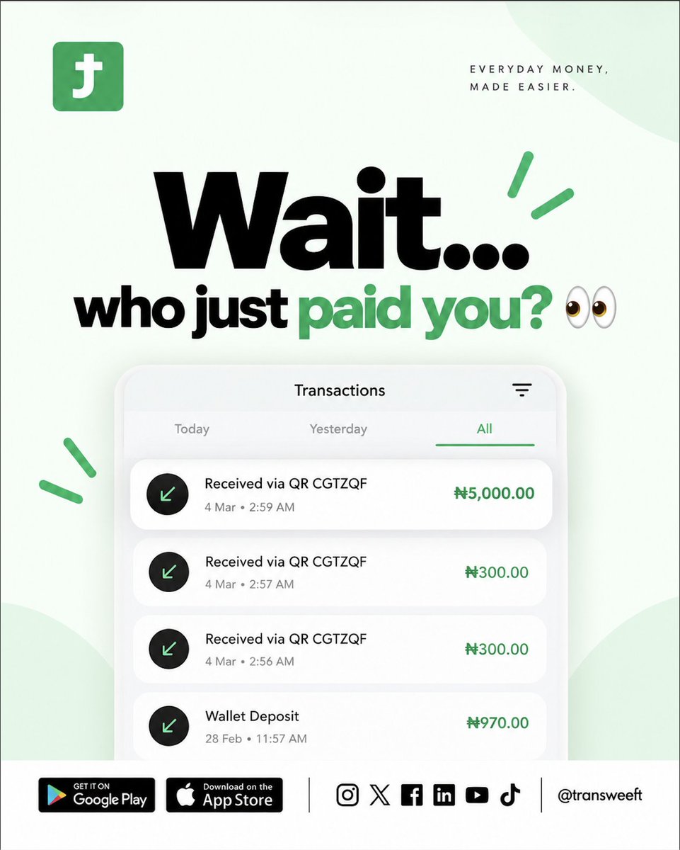 transweeft's tweet photo. Who just paid you? 👀💸
No more “I sent it” and wondering whether the money actually came in.

Because when it comes to your money, you should know.

#EverydayMoney #DigitalPayments #FintechNigeria https://t.co/LYVr8DNsGe