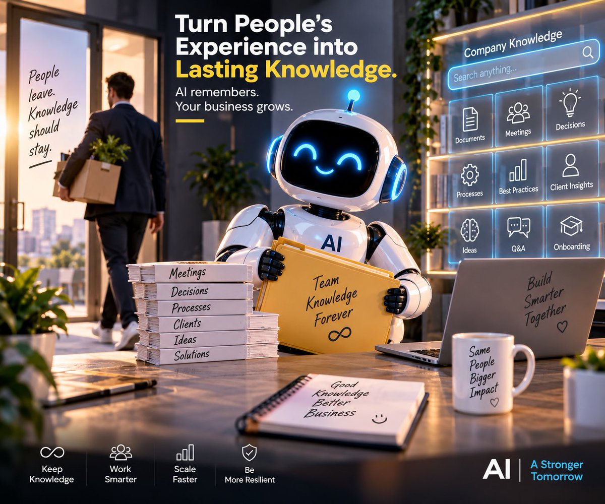 visautomation's tweet photo. Your company has a hidden database: people’s heads.

When someone leaves, years of knowledge can leave with them.

AI can turn conversations, decisions and processes into searchable company memory.

Don’t just automate tasks. Preserve knowledge.

#AI #Automation #Business https://t.co/0mc7djp7wu