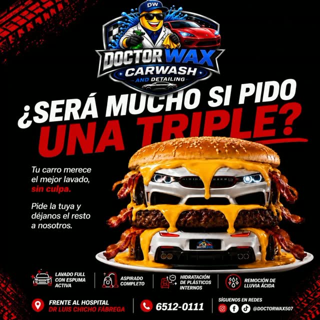 anthophill90500's tweet photo. Would it be too much if I order a triple? At DoctorWax Carwash &amp; Detailing, we know your car deserves first-class treatment. Every wash is designed to restore its shine, cleanliness, and care. Across from Dr. Luis Chicho Fábrega Hospital. https://t.co/Z4i7DXMfXv