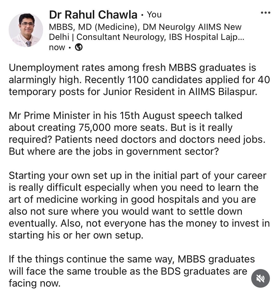 Mokshoi's tweet photo. MBBS will no longer be a professional course by 2030. 
Its condition is becoming like BA/BSC 

The government is shamelessly increasing seats but there are no jobs to provide. 

In the coming days people will make fun of the doctor and call him an unemployed doctor. https://t.co/iMYA7Zd1Tt
