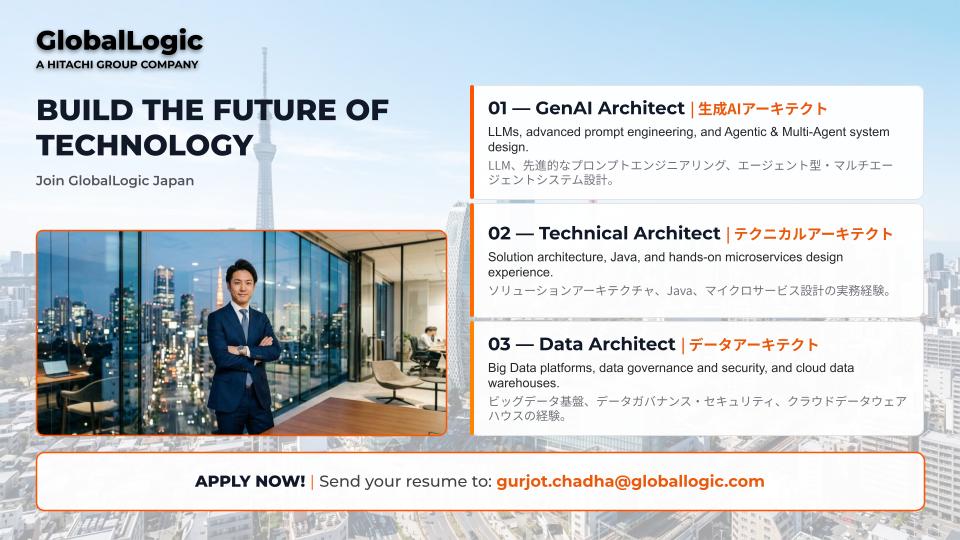 gurjot07's tweet photo. 現在、日本の東京にてアーキテクト職を募集中です。GlobalLogic（日立グループ）
🔹生成AI: https://t.co/s1PKUZLupp
🔹テクニカル: https://t.co/gTKaq0YTt0
🔹データ: https://t.co/rBh8VdU8fS https://t.co/y3uJqsJ9HN