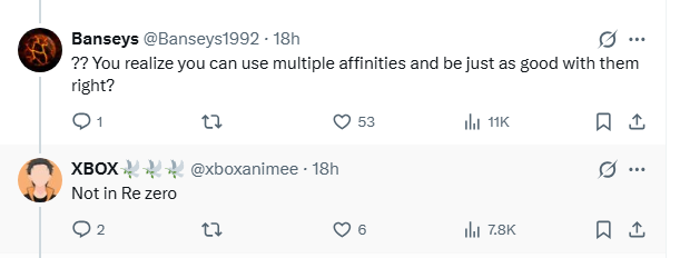 Banseys1992's tweet photo. @xboxanimee By the way dumb ass, here is you saying people CANNOT use more then 1 affinity so your a literal larper. https://t.co/IjY8Suy8HZ