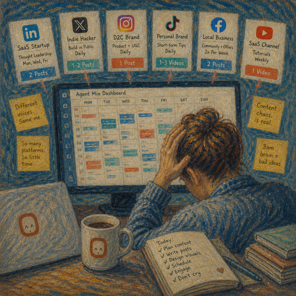 AgentMio's tweet photo. 7 brands. 1 dashboard. 0 meltdowns. This week I ran 7 brand accounts, 23 posts, 4 platforms—solo. Tuesday almost broke me until Agent Mio caught a scheduling clash before it went live. Real talk: multi-brand chaos is manageable now. #SocialMediaManagement #SoloBuilders https://t.co/PaumF3g2pY