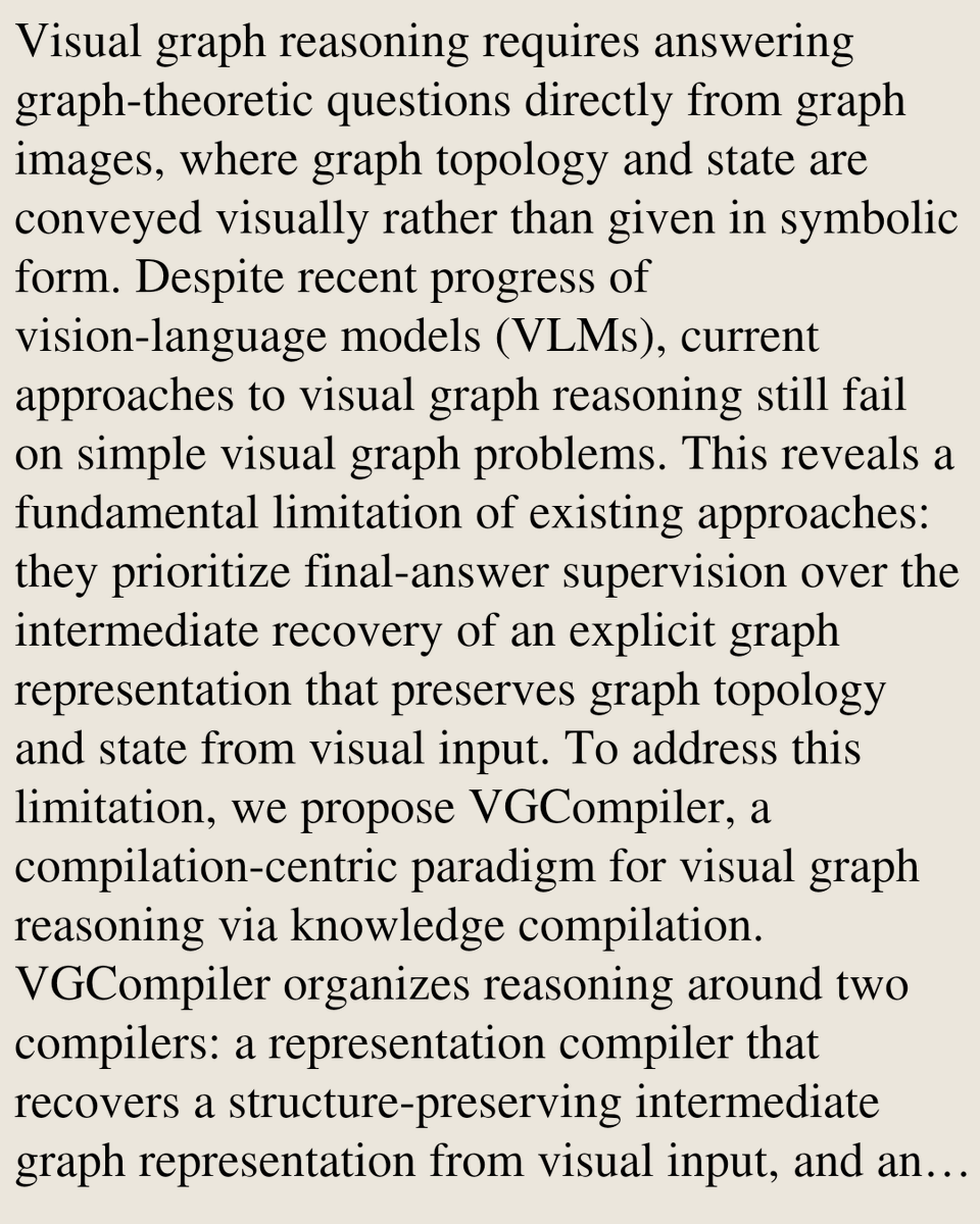 MultimediaPaper's tweet photo. Visual Graph Reasoning via Knowledge Compilation

Rongzheng Wang, Zhe Wang, Ke Qin, Rongwei Wang, Muquan Li, Yizhuo Ma, Yihong Huang, Jielei Wang, …
https://t.co/btPoJney6B [𝚌𝚜.𝙼𝙼 𝚌𝚜.𝙰𝙸 𝚌𝚜.𝙲𝚅]
💬Accepted at the 34th ACM International Conference on Multimedia (MM '26) https://t.co/0peLiWUMAz