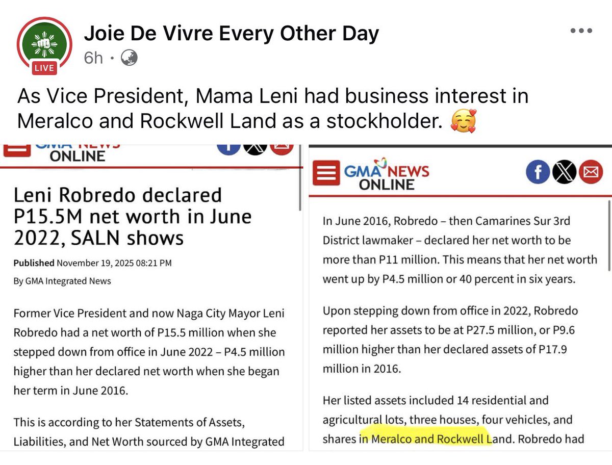 jesusfalcis's tweet photo. ❌ DDS Joie and Regal Oliva: “Mama Leni nyo stockholder ng Meralco at Rockwell Land.”

✅ 3 years siyang private citizen 2022-2025

Mayor sya ngayon, hindi VP.

Ang Presidente at VP lang ang bawal sa Constitution to have business interests. 

Iyak DDS!

😂 https://t.co/NT4xmcn0M5