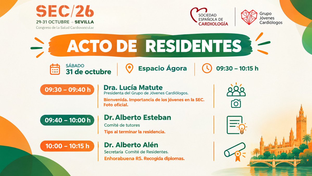 secardiologia's tweet photo. ¡Atención R1 y R5!🫀Estamos preparando el Acto de Residentes del sábado 31 de octubre en #SEC26 Sevilla.

Celebraremos un encuentro muy especial para dar la bienvenida a los R1 y reconocer a quienes habéis terminado vuestra residencia.

📸 Si eres R5 o has terminado recientemente, envía fotos o vídeos de tu último año de residencia a la secretaría del grupo de @JovenesSec. También podéis sumar mensajes de vuestros adjuntos.

📅 Fecha límite para enviar material: 2 de octubre

💚 Nos vemos en Sevilla: https://t.co/wHUNZFTrF7