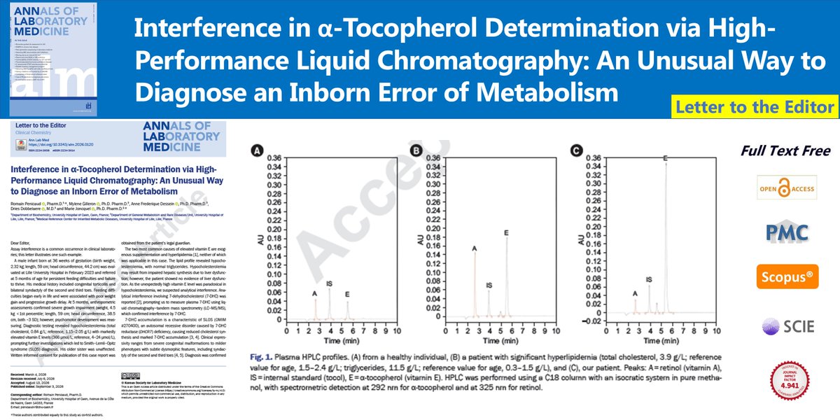 AnnLabMed's tweet photo. Interference in α-Tocopherol Determination via High-Performance Liquid Chromatography: An Unusual Way to Diagnose an Inborn Error of Metabolism
🌷https://t.co/pZRNH957Qd
Ann Lab Med. September 3, 2026. Romain Penicaud
#SmithLemliOpitzSyndrome #7Dehydrocholesterol https://t.co/GhCYeUkD8T