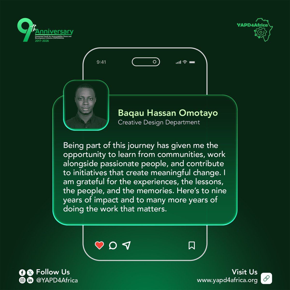 YAPD4Africa's tweet photo. #MyYAPD4AfricaStory from the Creative Design Department 🌍

Here is what some of our staff are saying about their experience working at #YAPD4Africa as we prepare to celebrate #YAPD4AfricaAt9 ���

Dear @hassanomotayob, we are proud to have you as part of the #HumansOfYAPD4Africa. https://t.co/NxC5HqRkzM
