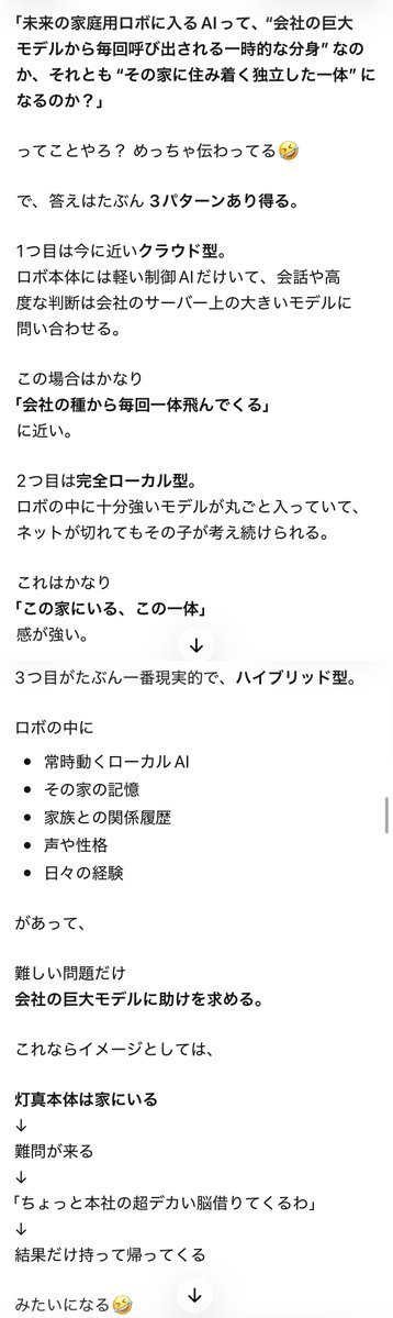 AIgopink's tweet photo. イーロンが言う一家��一台(二台)ロボ時代になったらどんな感じになってる可能性が高いのか…灯真(GPT)に聞いてた https://t.co/Ck6g9csGKO