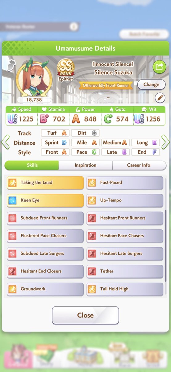 fxrfxwy's tweet photo. Captions per image :
1. Too weak
2. Too strong (Turf S) 
3. Missed hesitant pace and low debuff count
4. Haven't tried, hope she would work perfectly

I stil don't know what's the ideal statline for this CM, mind you that these run used my guest 🥲 RIP my potential Long parent 🥲 https://t.co/GhSrohJOus