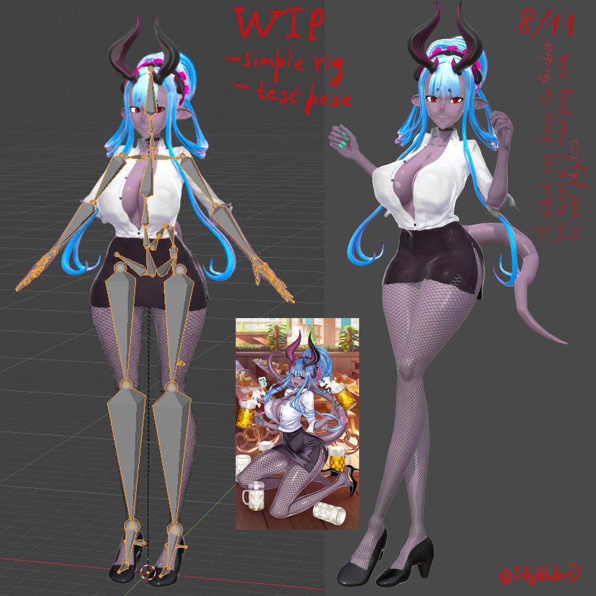 SillyWalkerD's tweet photo. WIP 08/11 — Ibuki Douji: rigging &amp; first pose test.

Setting up the armature and testing the first pose. The chest bones are intentionally omitted — I’m using a separate proxy mesh for the breast physics instead.

Based on @raita_z’s original 2D design.

#FGO #Blender #IbukiDouji https://t.co/4mx93nQTsx