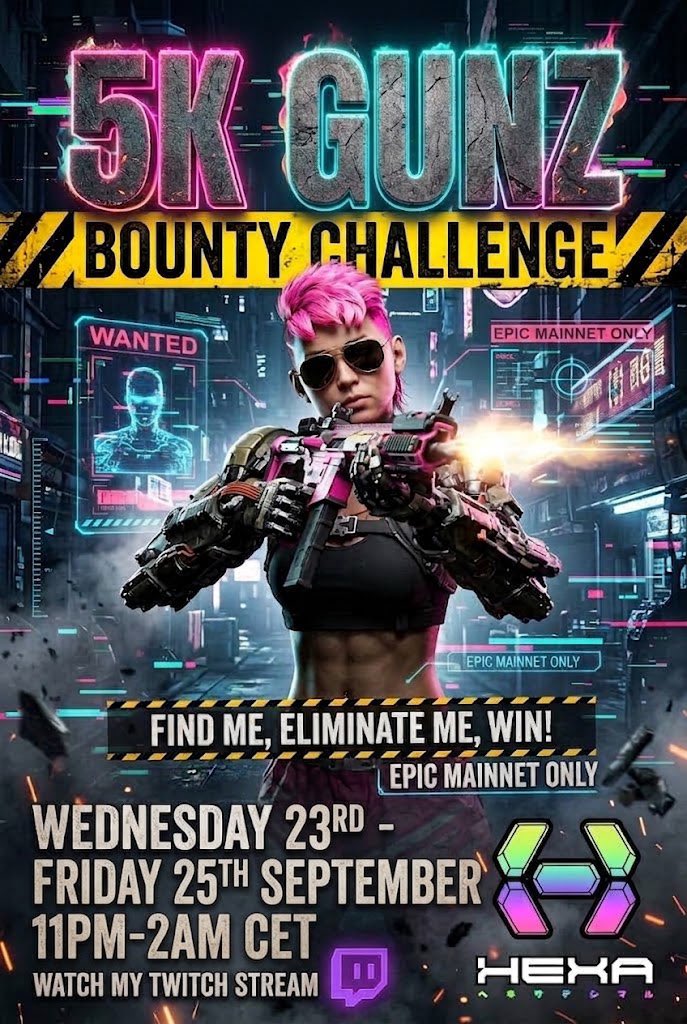 itzdawso's tweet photo. 🔹HEXA BOUNTY CHALLENGE🔹

TASK: ELIMINATE ME IN GAME! 🎯DATE: Wednesday 23rd - Friday 25th 📅 
TIME: 11pm-2am CET🕰️
PRIZE: 5,000 GUNZ 🤑
TWITCH: https://t.co/ROX53ipccY
SERVER: Equinox
Prizes will be sent to the winners GUNZ Wallet https://t.co/cCJDWzem6A