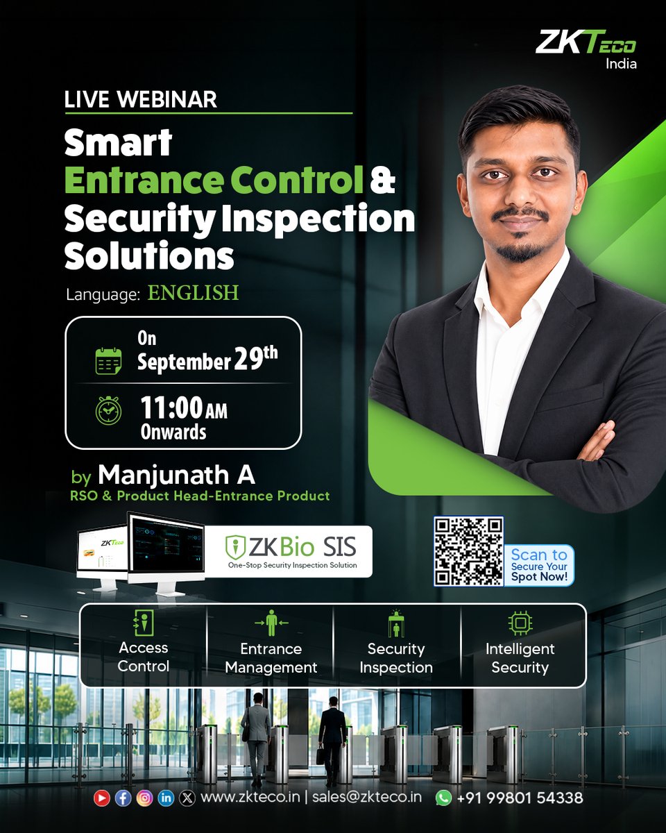 zk_india's tweet photo. Secure your spot now: https://t.co/x5ghhOxd4d
Smart security starts at the entrance!
Discover intelligent #EntranceControl and #SecurityInspectionSolutions from ZKTeco, designed to help organisations build safer and more efficient security environments.
#ZKTeco #Webinar https://t.co/mkATTtINkZ