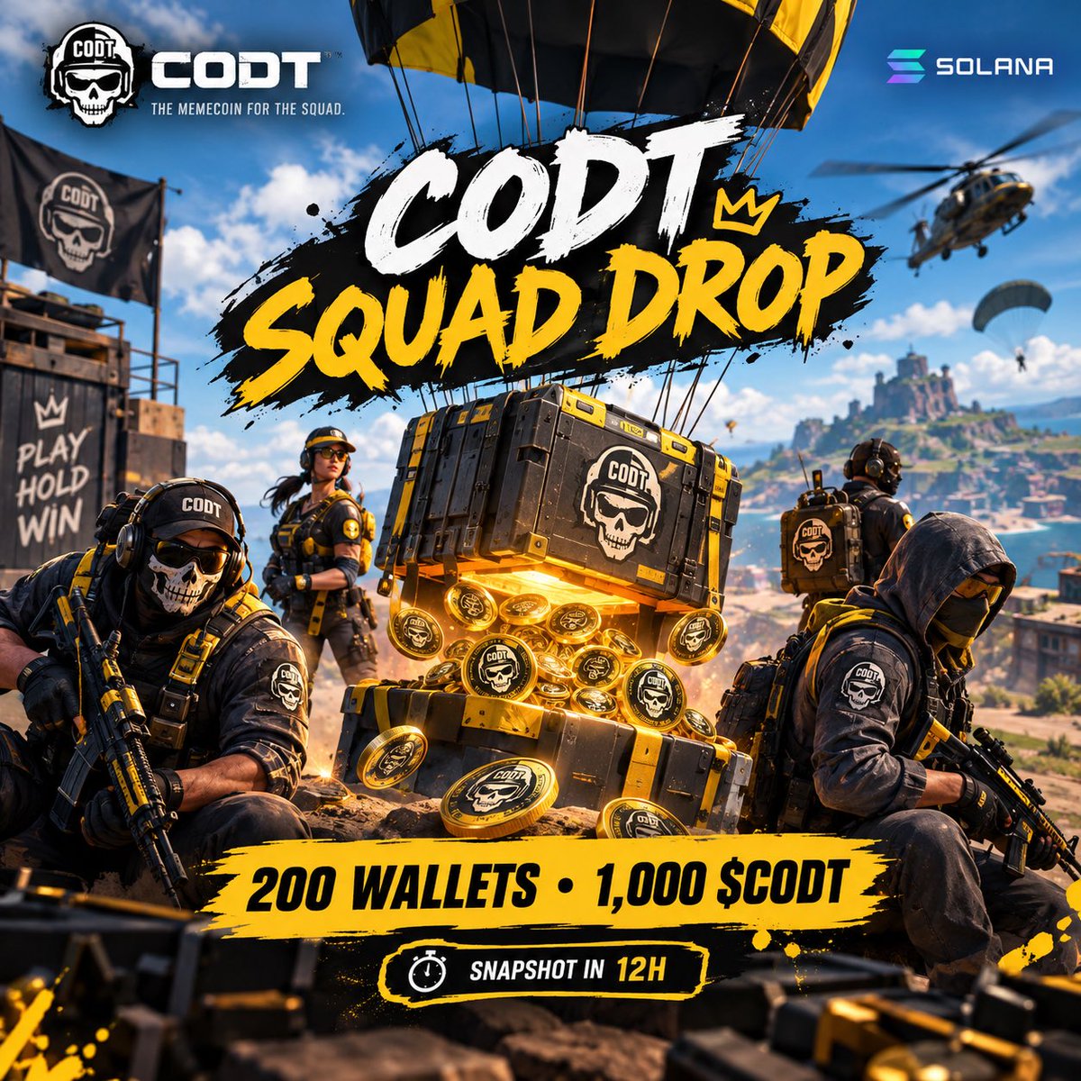 CODTHQ's tweet photo. @soapweb3 🪖 $CODT EARLY SQUAD AIRDROP 🚀

$CODT is a gaming community-driven memecoin on #Solana 🎮🎯

First 200 wallets = 1,000 $CODT

Follow @CODTHQ
Like &amp; RT
Drop your $SOL wallet 👇

⏰ Snapshot in 12 hours

#CODT #Solana #Airdrop #Memecoin https://t.co/jIBe1atSsw