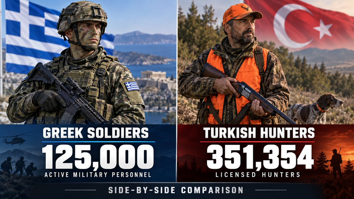 ww3files's tweet photo. @_Jesse_watter 🇬🇷 Greek military personnel: ~112,000
🇹🇷 Licensed Turkish hunters: 351,354

No, this is NOT a military comparison. 😄

It’s just one of those statistics that writes its own punchline.

Do the math. 👀

#Greece #Türkiye https://t.co/Wlk9jIYwzZ