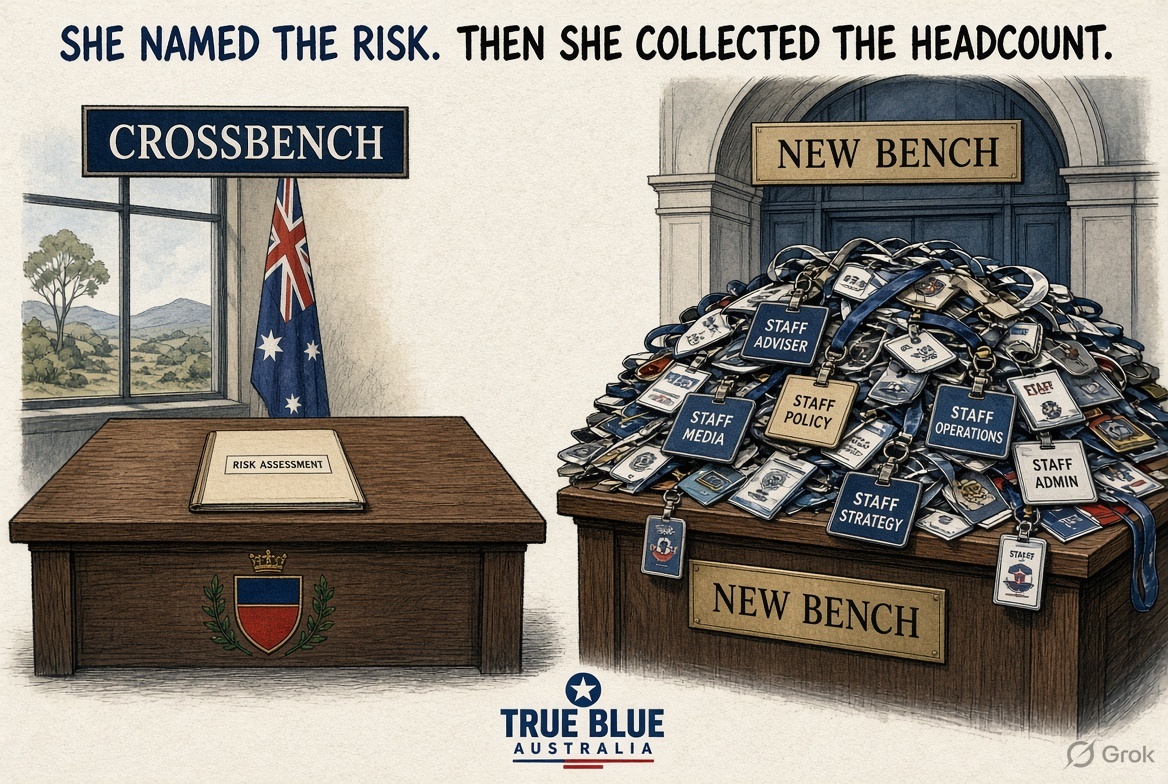TrueBlue151438's tweet photo. Tyrrell called staffing a corruption risk. Then she crossed and got more staff.
Three years ago Senator Tammy Tyrrell said the PM’s right to set staffing levels was a corruption risk. She has now defected toward Labor and, SMH reports, sits with more staff than her crossbench colleagues. Albanese starved the people who scrutinise him and topped up the one who changed jerseys. That is not a staffing footnote. That is the incentive structure.
https://t.co/R08cix5az0
Principle was cheaper before the extra adviser.
References: SMH exclusive 22 Sep
True Blue Australia.