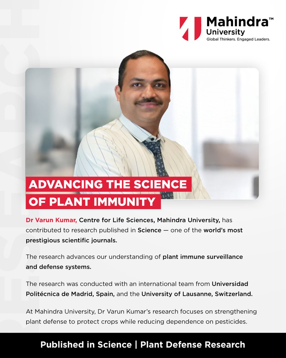 MahindraUni's tweet photo. A significant milestone for research at Mahindra University.

Dr Varun Kumar, @CLS4MU, has contributed to research published in the world’s most prestigious journal – Science, advancing our understanding of plant immune surveillance and defense.

#MahindraUniversity #Research https://t.co/J4gOo7WmmE