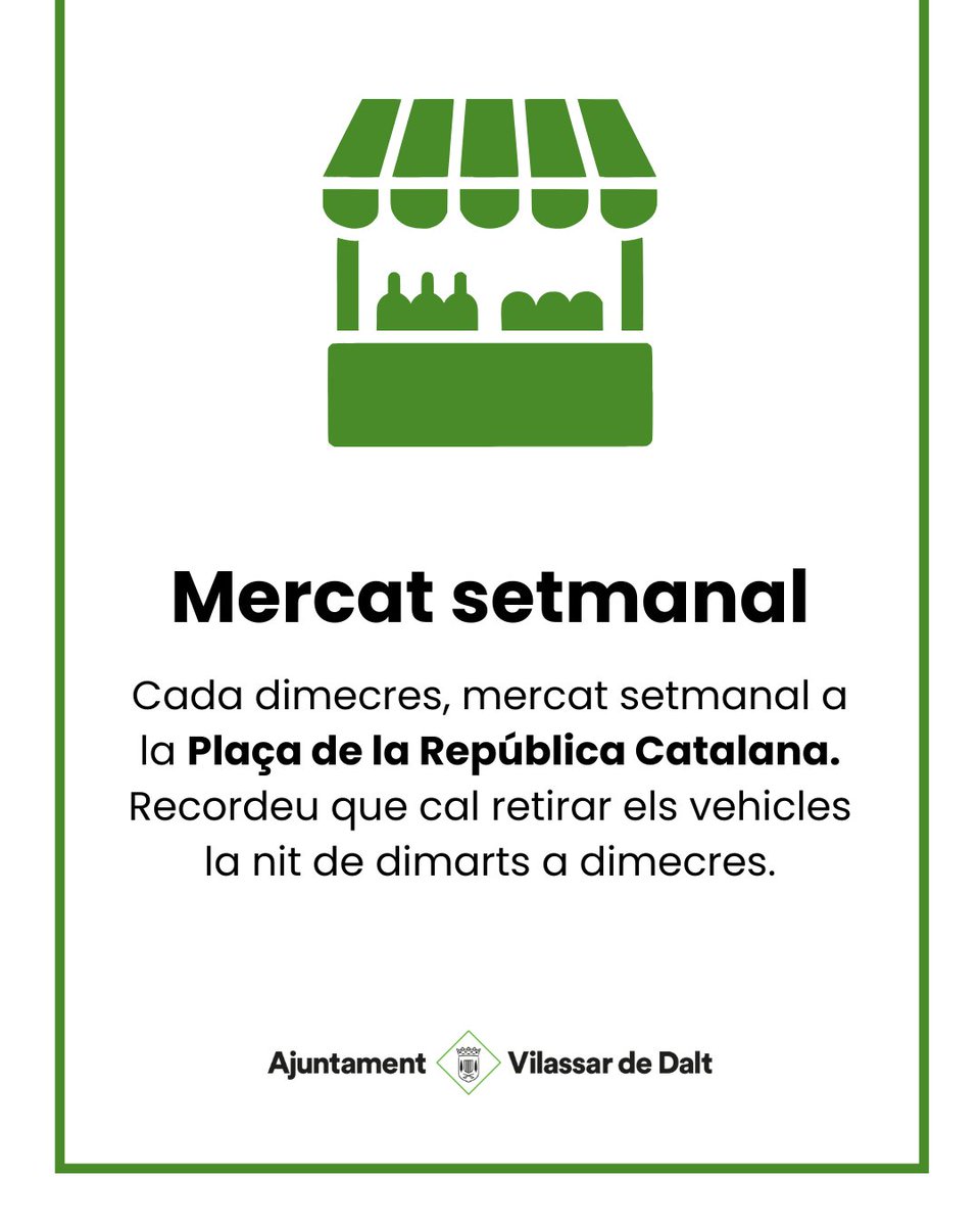 vilassardedalt's tweet photo. ⚠️ RECORDA!
Com cada dimecres, demà hi ha Mercat setmanal i cal retirar els vehicles 🚗 de la Plaça de la República Catalana aquest vespre. https://t.co/73GswIwV8z
