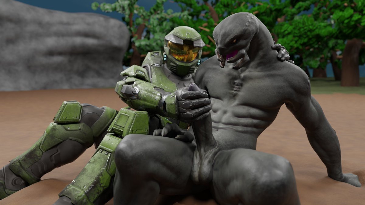 Sundoom25's tweet photo. Dar'Edem, after swimming, sat on the sandy shore; Master Chief joins him, notices an erection, and give pleasure to his trophy. (I'll try posting it again to see if there are any changes) https://t.co/gYxfI5oq7z