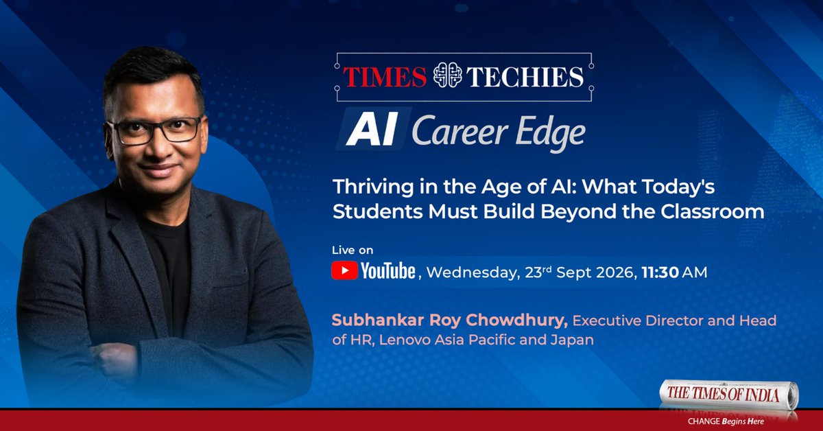 timestechies's tweet photo. Thriving in the Age of AI | LIVE | Wed, 11:30 AM

Subhankar Roy Chowdhury, Executive Director &amp; Head of HR, @Lenovo Asia Pacific &amp; Japan, shares what students must build beyond the classroom.

Live: https://t.co/Yt9ZAJY6tp

#TimesTechies #AICareerEdge https://t.co/wHvf6TLlxM