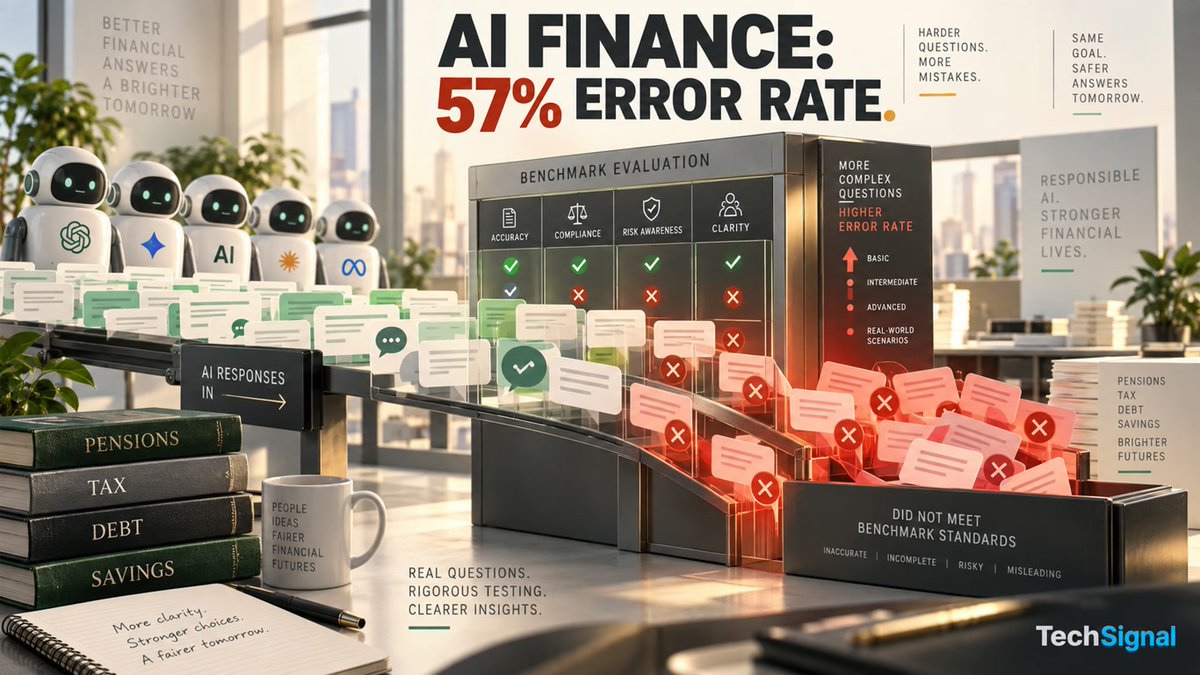 tchsignal's tweet photo. AI Financial Advice Failed 57% of the Time in a 10,000-Response Test

How reliable is AI when the question involves your money?

Saturn tested 18 AI models with 121 financial-advice questions and evaluated more than 10,000 responses. Across the benchmark, the models made mistakes in 57% of evaluated responses on average.

The results became worse as the questions became harder. The reported error rate reached 88% for difficult questions. Free models averaged a 63% error rate, compared with 49% for paid models.

But 57% is not a universal failure rate for AI financial advice. It is the result of Saturn's specific benchmark, and responses could fail for factual errors, missing important information or insufficient warnings. The study has not been independently replicated.

The free-versus-paid gap is notable, but even the paid group failed nearly half of the evaluated responses. The data therefore shows a substantial reliability problem within this test, not proof that every chatbot will get most financial questions wrong.

#AI #PersonalFinance