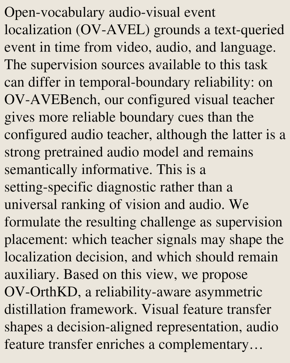 MultimediaPaper's tweet photo. If You Hear It, Help Find It: Orthogonal Knowledge Distillation for Open-Vocabulary Audio-Visual Event Localization

Yi Xu, Cheng Chen, Wenzhuo Lei
https://t.co/GLJ1Mr5WrZ [𝚌𝚜.𝙼𝙼 𝚌𝚜.𝙲𝚅 𝚌𝚜.𝙻𝙶 𝚌𝚜.𝚂𝙳]
💬Accepted to ACM Multimedia 2026 (poster) https://t.co/LoogQc6ZLe