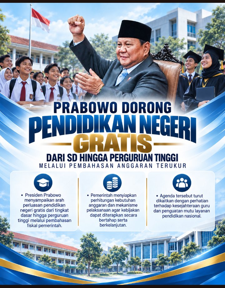 QuartzDaifufa's tweet photo. Presiden Prabowo dorong Pendidikan Negeri GRATIS dari SD hingga Perguruan Tinggi.

Pemerintah siapkan perhitungan anggaran agar bisa diterapkan bertahap &amp; berkelanjutan, serta tetap perhatikan kesejahteraan guru &amp; mutu pendidikan nasional.

#PendidikanGratis
#JagaIndonesia https://t.co/K4dakpGe4w