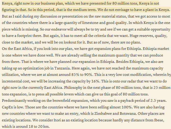 MwangoCapital's tweet photo. During Dangote Cement’s Capital Markets Day yesterday, CEO Arvind Pathak said the company has no plans to establish a plant in Kenya over the medium term, citing the lack of access to suitable large-scale, high-quality limestone reserves.

Its East African expansion will instead focus on Ethiopia, where it is operating at full capacity, and Tanzania, where a low-cost optimisation programme will increase capacity by 16%.